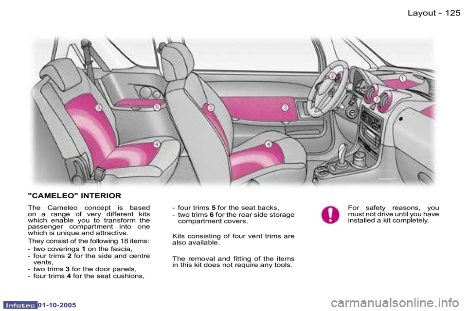 PEUGEOT 1007 DAG 2005  Owners Manual �1�2�5
�-�L�a�y�o�u�t
�0�1�-�1�0�-�2�0�0�5
�"�C�A�M�E�L�E�O�"� �I�N�T�E�R�I�O�R
�T�h�e�  �C�a�m�e�l�e�o�  �c�o�n�c�e�p�t�  �i�s�  �b�a�s�e�d�  
�o�n�  �a�  �r�a�n�g�e�  �o�f�  �v�e�r�y�  �d�i�