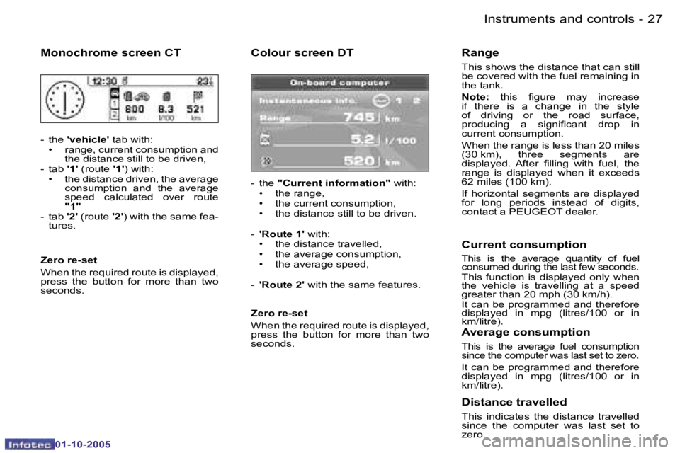 PEUGEOT 1007 DAG 2005 Owners Manual �2�6 �-�I�n�s�t�r�u�m�e�n�t�s� �a�n�d� �c�o�n�t�r�o�l�s
�0�1�-�1�0�-�2�0�0�5
�2�7
�-�I�n�s�t�r�u�m�e�n�t�s� �a�n�d� �c�o�n�t�r�o�l�s
�0�1�-�1�0�-�2�0�0�5
�M�o�n�o�c�h�r�o�m�e� �s�c�r�e�e�n� �C�T
�-
� 