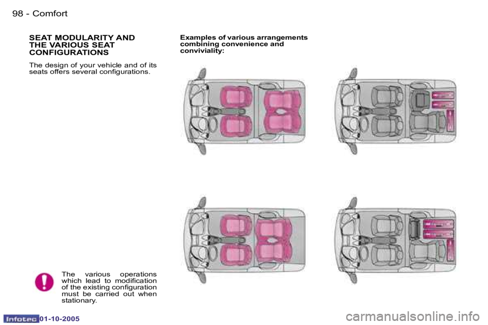 PEUGEOT 1007 DAG 2005  Owners Manual �9�8 �-�C�o�m�f�o�r�t
�0�1�-�1�0�-�2�0�0�5
�9�9
�-�C�o�m�f�o�r�t
�0�1�-�1�0�-�2�0�0�5
�S�E�A�T� �M�O�D�U�L�A�R�I�T�Y� �A�N�D�  
�T�H�E� �V�A�R�I�O�U�S� �S�E�A�T� 
�C�O�N�F�I�G�U�R�A�T�I�O�N�S
�T�h�e� 