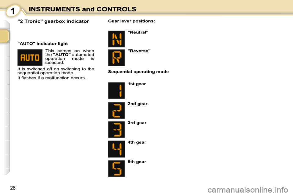 PEUGEOT 1007 DAG 2008 Owners Manual 1
26
� � �"�2� �T�r�o�n�i�c�"� �g�e�a�r�b�o�x� �i�n�d�i�c�a�t�o�r�  This  comes  on  when  
the  "AUTO"    automated 
 operation  mode  is 
 selected. 
 It  is  switched  off  on  swit