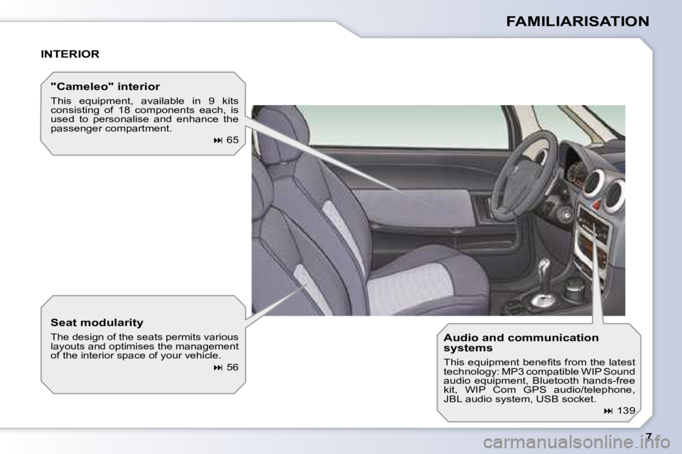 PEUGEOT 1007 DAG 2008  Owners Manual FAMILIARISATION
 INTERIOR 
  Seat modularity 
 The design of the seats permits various  
layouts and optimises the management 
�o�f� �t�h�e� �i�n�t�e�r�i�o�r� �s�p�a�c�e� �o�f� �y�o�u�r� �v�e�h�i�c�l�