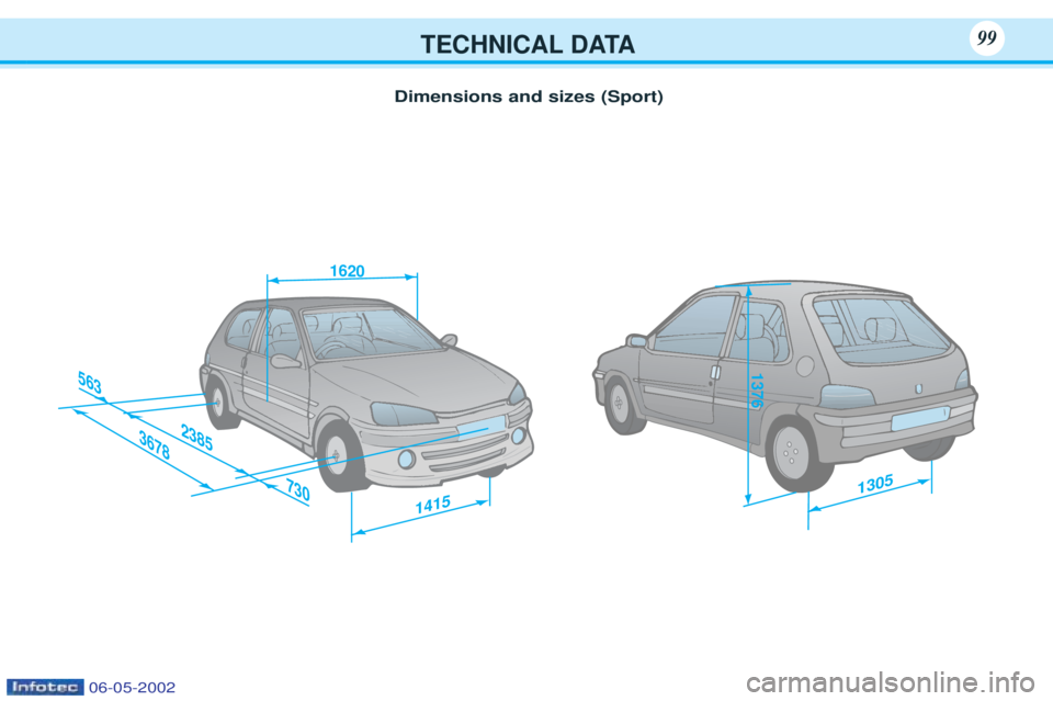 PEUGEOT 106 2001  Owners Manual TECHNICAL DATA99
Dimensions and sizes (Sport)
1415
23853678
563
730
1620
1305
1376
06-05-2002 