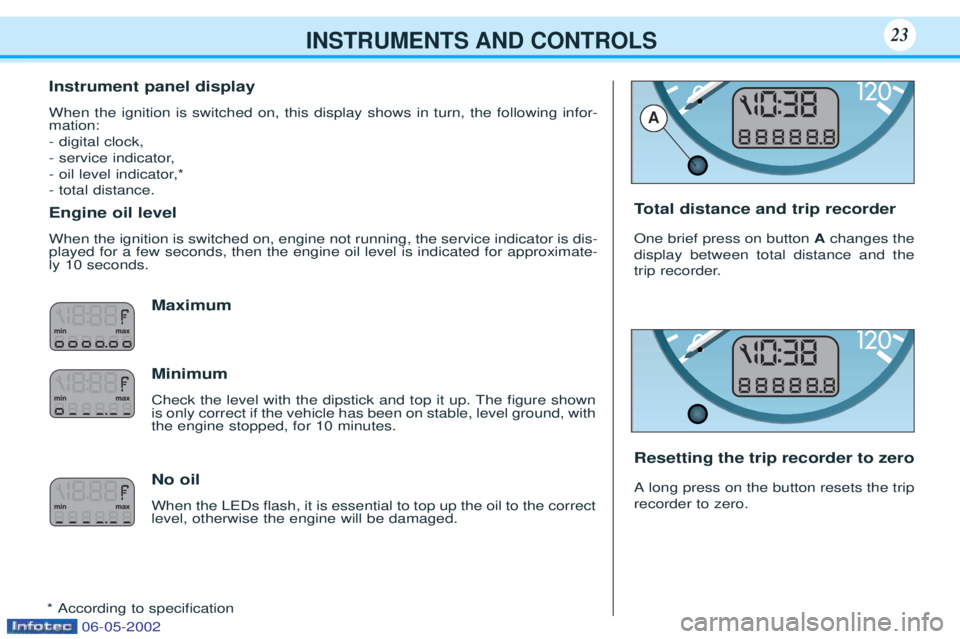 PEUGEOT 106 2001 Owners Manual INSTRUMENTS AND CONTROLS23
Instrument panel display When the ignition is switched on, this display shows in turn, the following infor- mation: - digital clock,
- service indicator,
- oil level indicat PEUGEOT 106 2001 Owners Manual INSTRUMENTS AND CONTROLS23
Instrument panel display When the ignition is switched on, this display shows in turn, the following infor- mation: - digital clock,
- service indicator,
- oil level indicat