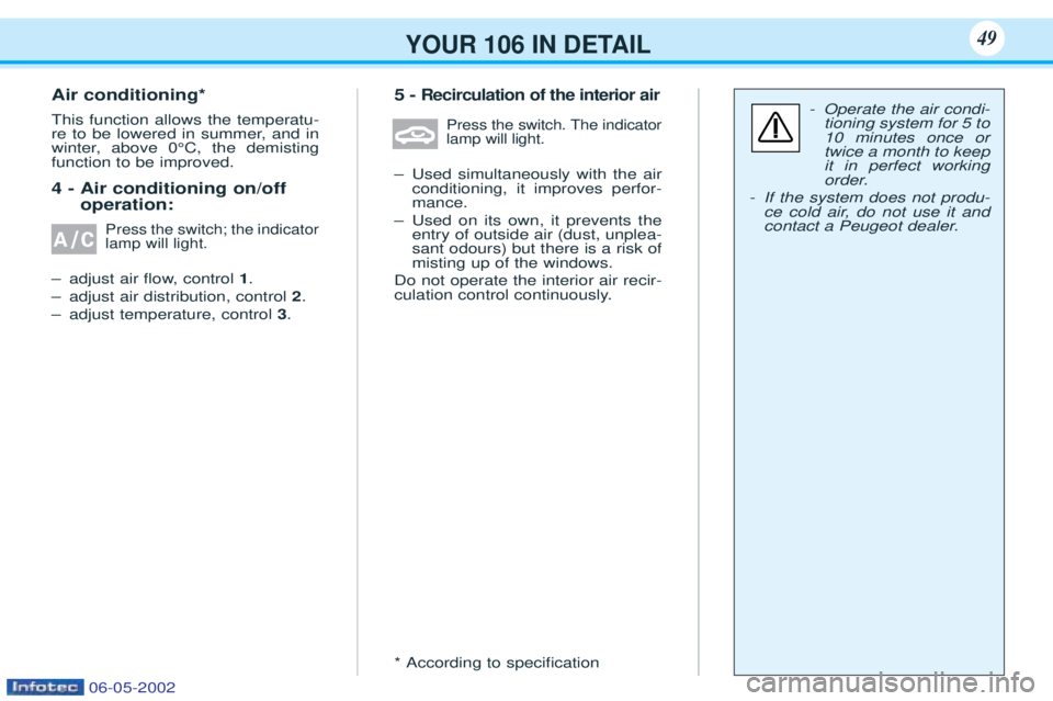 PEUGEOT 106 2001 Service Manual YOUR 106 IN DETAIL
Air conditioning* This function allows the temperatu-
re to be lowered in summer, and in
winter, above 0¡C, the demistingfunction to be improved. 4 - Air conditioning on/offoperat PEUGEOT 106 2001 Service Manual YOUR 106 IN DETAIL
Air conditioning* This function allows the temperatu-
re to be lowered in summer, and in
winter, above 0¡C, the demistingfunction to be improved. 4 - Air conditioning on/offoperat