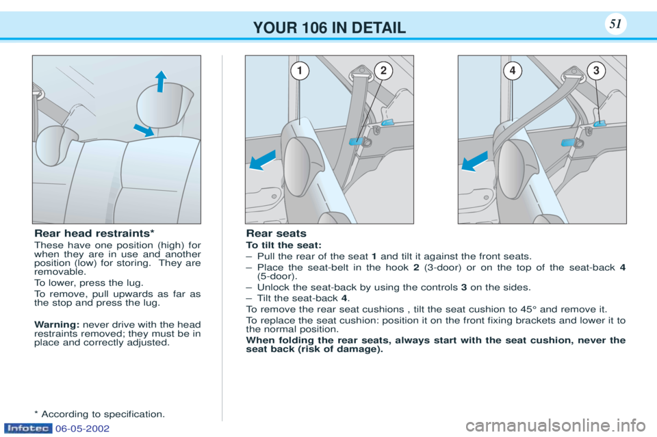 PEUGEOT 106 2001 Service Manual YOUR 106 IN DETAIL51
Rear seats
To tilt the seat:
Ð Pull the rear of the seat 1and tilt it against the front seats.
Ð Place the seat-belt in the hook 2(3-door) or on the top of the seat-back 4
PEUGEOT 106 2001 Service Manual YOUR 106 IN DETAIL51
Rear seats
To tilt the seat:
Ð Pull the rear of the seat 1and tilt it against the front seats.
Ð Place the seat-belt in the hook 2(3-door) or on the top of the seat-back 4