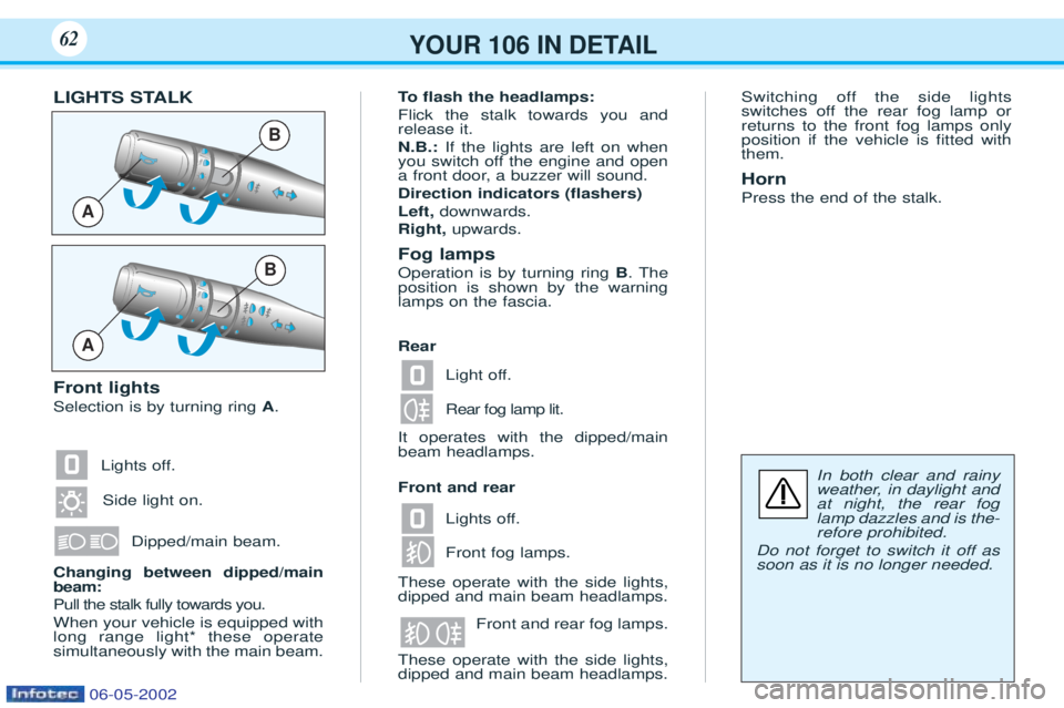 PEUGEOT 106 2001  Owners Manual Light off. Rear fog lamp lit.  
Lights off. Front fog lamps.Front and rear fog lamps.
These operate with the side lights, dipped and main beam headlamps.
Lights off.
Side light on.
Dipped/main beam.
Y