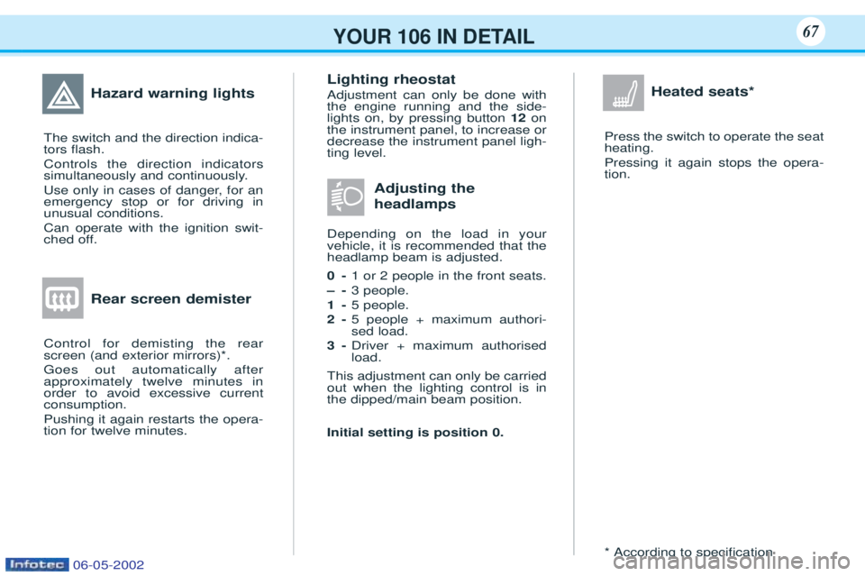 PEUGEOT 106 2001 Repair Manual Heated seats*
Press the switch to operate the seat heating. Pressing it again stops the opera- tion. * According to speciÞcation
Lighting rheostat Adjustment can only be done with the engine running 