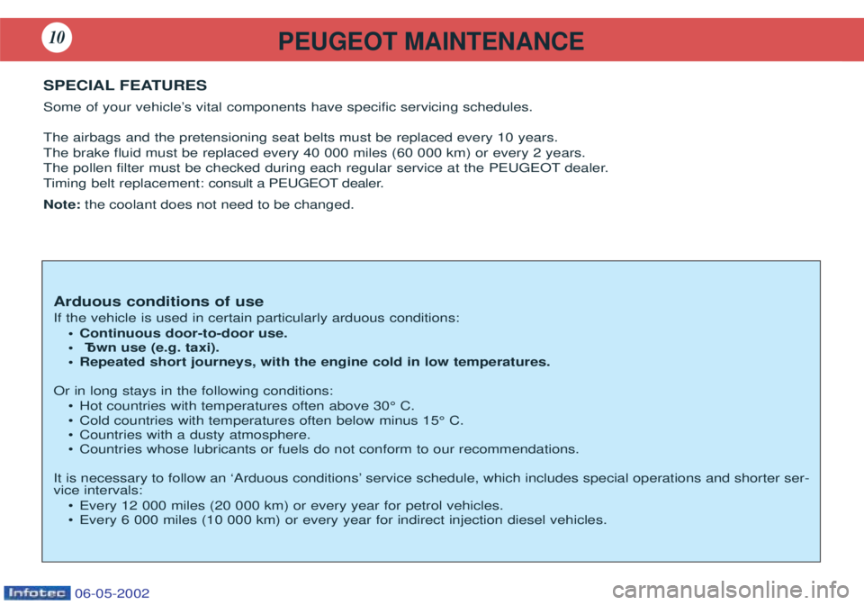 PEUGEOT 106 2001  Owners Manual PEUGEOT MAINTENANCE10
SPECIAL FEATURES 
Some of your vehicleÕs vital components have specific servicing schedules. The airbags and the pretensioning seat belts must be replaced every 10 years. The br