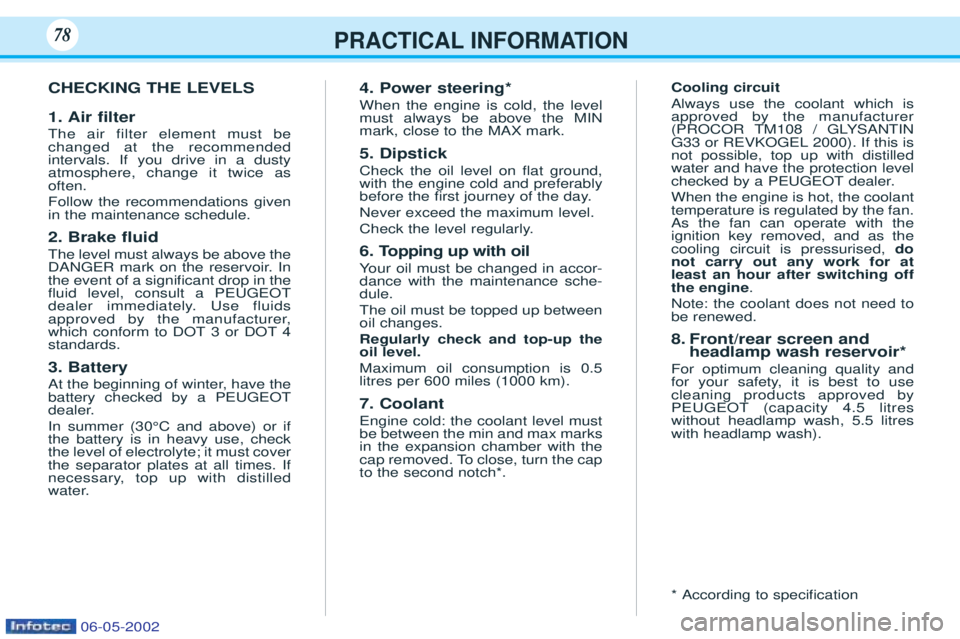 PEUGEOT 106 2001 Manual Online CHECKING THE LEVELS 1. Air ﬁlter
The air filter element must be changed at the recommendedintervals. If you drive in a dustyatmosphere, change it twice asoften.  Follow the recommendations given in 