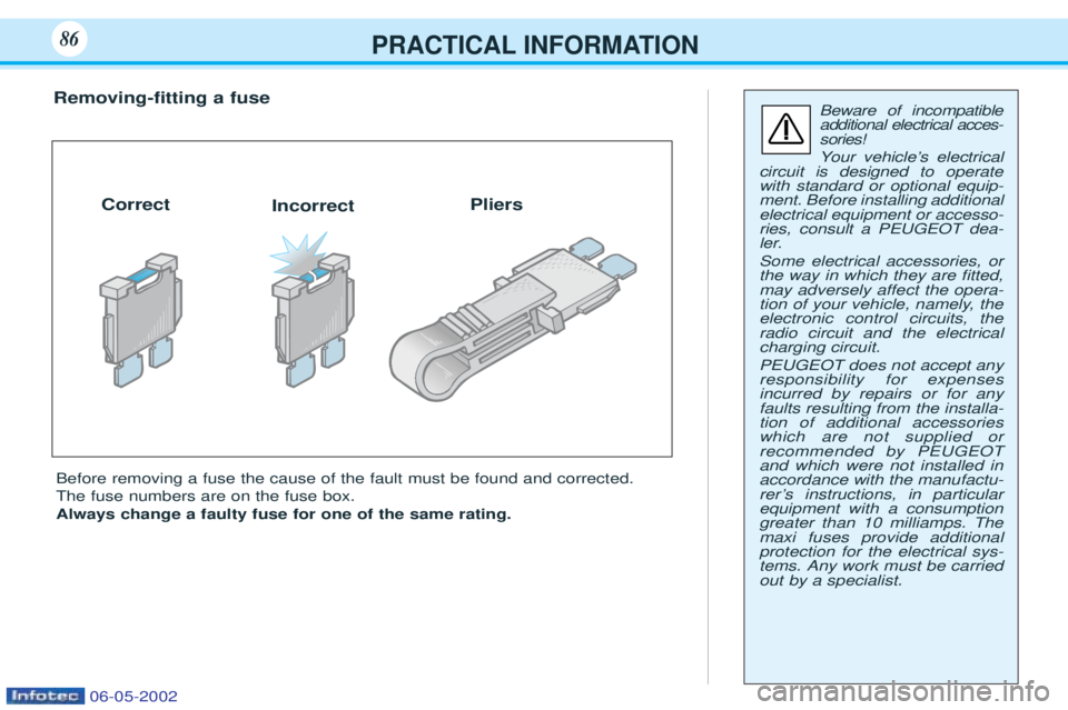 PEUGEOT 106 2001  Owners Manual PRACTICAL INFORMATION86
Before removing a fuse the cause of the fault must be found and corrected. The fuse numbers are on the fuse box.Always change a faulty fuse for one of the same rating.
Removing