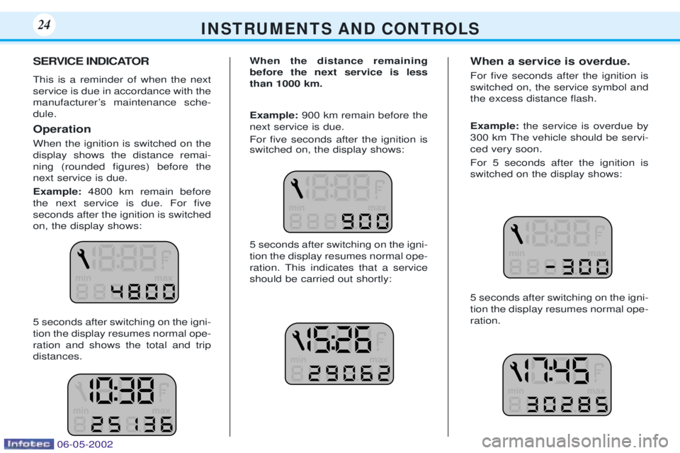 PEUGEOT 106 DAG 2001 Owners Manual SERVICE INDICATOR This is a reminder of when the next service is due in accordance with the
manufacturerÕs maintenance sche-dule. Operation When the ignition is switched on the display shows the dist