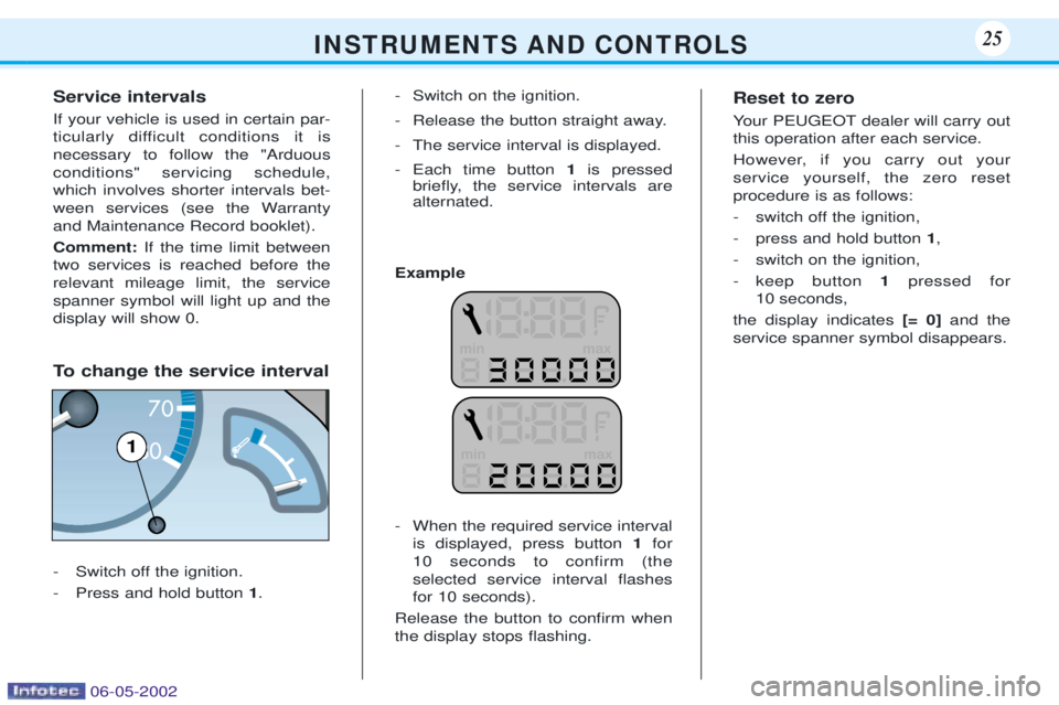 PEUGEOT 106 DAG 2001  Owners Manual Service intervals If your vehicle is used in certain par- 
ticularly difficult conditions it isnecessary to follow the "Arduousconditions" servicing schedule,which involves shorter intervals bet-
ween