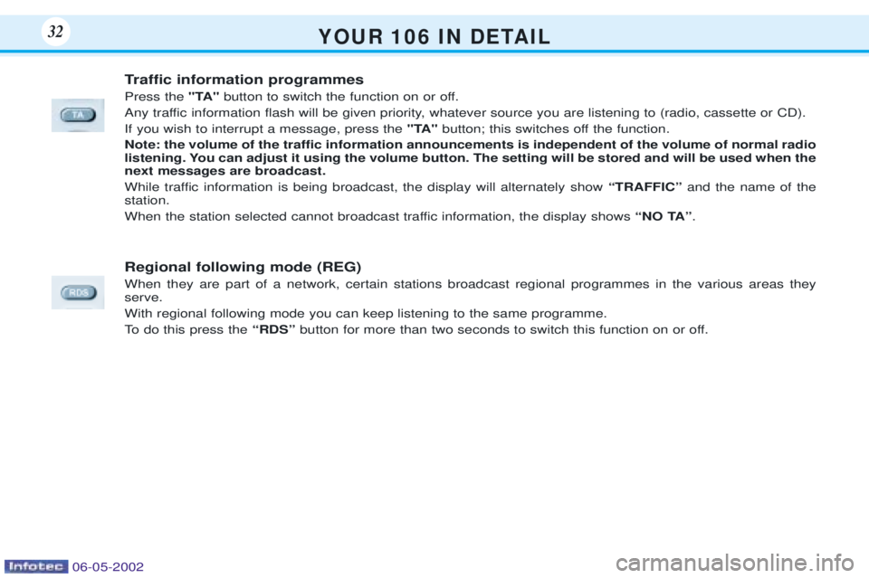 PEUGEOT 106 DAG 2001 Owners Guide Y O U R   1 0 6   I N   D E TA I L32
Traffic information programmes Press the "TA"button to switch the function on or off.
Any traffic information flash will be given priority, whatever source you are