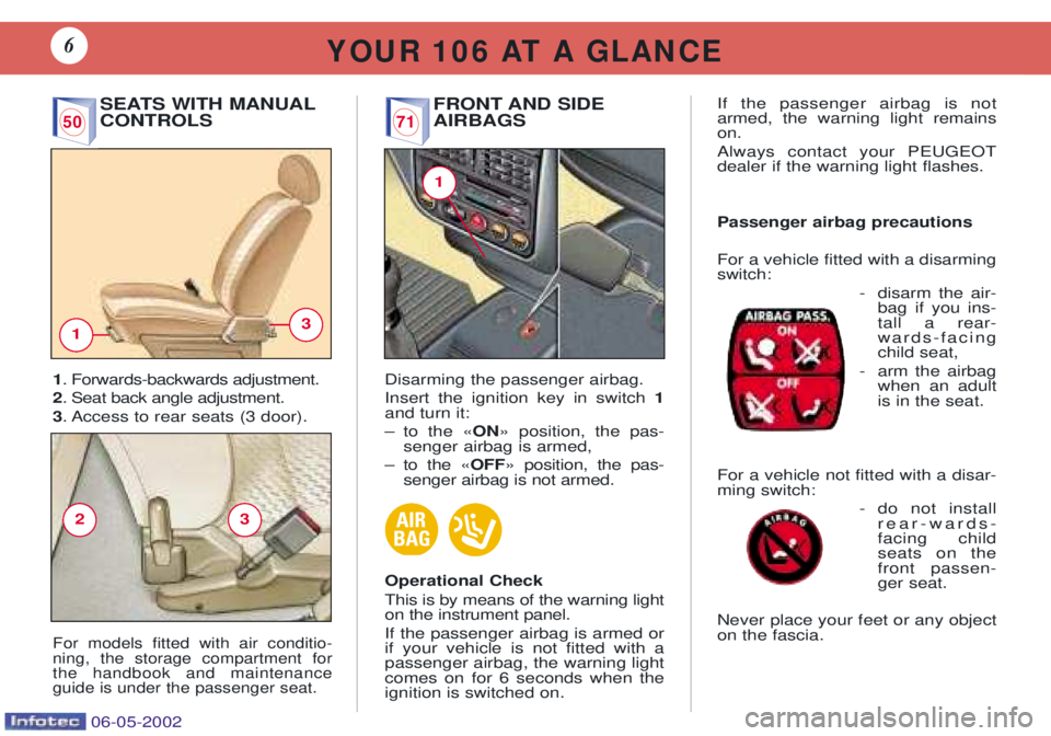 PEUGEOT 106 DAG 2001  Owners Manual SEATS WITH MANUAL CONTROLS
1 . Forwards-backwards adjustment.
2 . Seat back angle adjustment.
3 . Access to rear seats (3 door).
For models fitted with air conditio- ning, the storage compartment fort
