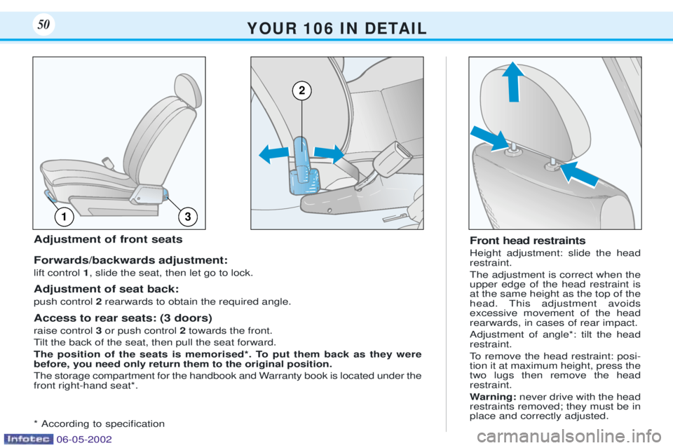 PEUGEOT 106 DAG 2001 Service Manual Front head restraints Height adjustment: slide the head restraint. The adjustment is correct when the upper edge of the head restraint isat the same height as the top of thehead. This adjustment avoid PEUGEOT 106 DAG 2001 Service Manual Front head restraints Height adjustment: slide the head restraint. The adjustment is correct when the upper edge of the head restraint isat the same height as the top of thehead. This adjustment avoid