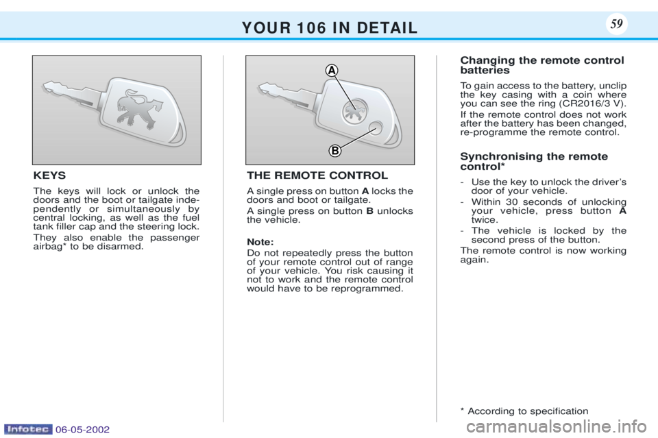 PEUGEOT 106 DAG 2001  Owners Manual KEYS The keys will lock or unlock the doors and the boot or tailgate inde-pendently or simultaneously bycentral locking, as well as the fueltank Þller cap and the steering lock. They also enable the 