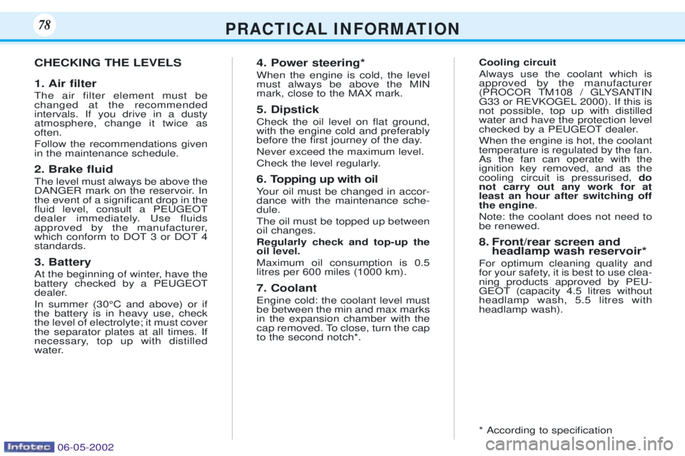 PEUGEOT 106 DAG 2001  Owners Manual P R A C T I C A L I N F O R M AT I O N7878
CHECKING THE LEVELS 1. Air Þlter The air filter element must be changed at the recommendedintervals. If you drive in a dustyatmosphere, change it twice asof