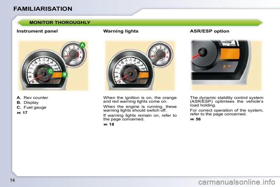 PEUGEOT 107 2008 User Guide �1�4
FAMILIARISATION
� �W�h�e�n�  �t�h�e�  �i�g�n�i�t�i�o�n�  �i�s�  �o�n�,�  �t�h�e�  �o�r�a�n�g�e�  
�a�n�d� �r�e�d� �w�a�r�n�i�n�g� �l�i�g�h�t�s� �c�o�m�e� �o�n�.�  
� �W�h�e�n�  �t�h�e�  �e�n�g�i�