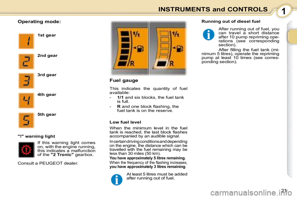 PEUGEOT 107 2008 User Guide 1
21
INSTRUMENTS and CONTROLS
  Operating mode: 
  
1st gear   
  
2nd gear   
  
3rd gear   
  
4th gear   
  
5th gear   
� �I�f�  �t�h�i�s�  �w�a�r�n�i�n�g�  �l�i�g�h�t�  �c�o�m�e�s�  
�o�n�,� �w�i