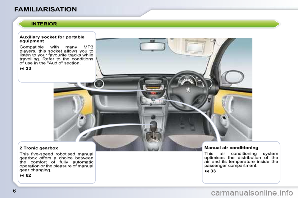 PEUGEOT 107 2008  Owners Manual 6
FAMILIARISATION
  Manual air conditioning  
� �T�h�i�s�  �a�i�r�  �c�o�n�d�i�t�i�o�n�i�n�g�  �s�y�s�t�e�m�  
�o�p�t�i�m�i�s�e�s�  �t�h�e�  �d�i�s�t�r�i�b�u�t�i�o�n�  �o�f�  �t�h�e� 
�a�i�r�  �a�n�d�