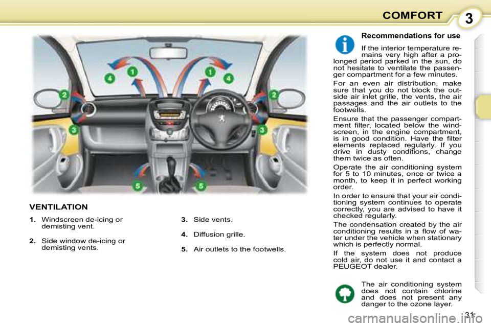 PEUGEOT 107 2008 Owners Guide 3
31
COMFORT
             VENTILATION 
  Recommendations for use 
� �I�f� �t�h�e� �i�n�t�e�r�i�o�r� �t�e�m�p�e�r�a�t�u�r�e� �r�e�- 
�m�a�i�n�s�  �v�e�r�y�  �h�i�g�h�  �a�f�t�e�r�  �a�  �p�r�o�-
�l�o�n