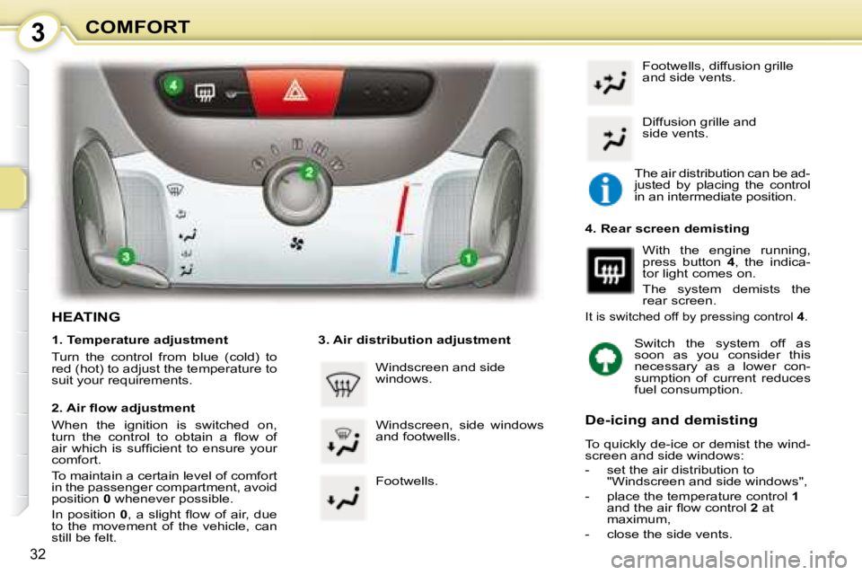 PEUGEOT 107 2008 Owners Guide 3
32
COMFORT
                 HEATING  
  1. Temperature adjustment  
� �T�u�r�n�  �t�h�e�  �c�o�n�t�r�o�l�  �f�r�o�m�  �b�l�u�e�  �(�c�o�l�d�)�  �t�o�  
�r�e�d� �(�h�o�t�)� �t�o� �a�d�j�u�s�t� �t�h�e