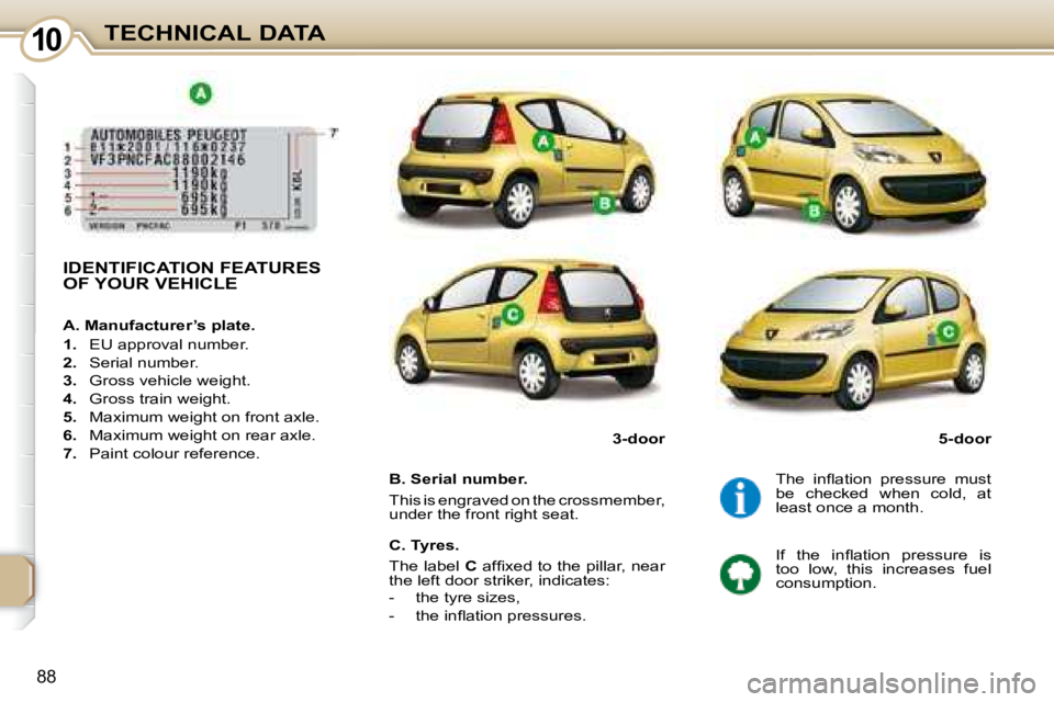 PEUGEOT 107 2008  Owners Manual 10
88
TECHNICAL DATA
       IDENTIFICATION FEATURES  
OF YOUR VEHICLE  
  B. Serial number.  
� �T�h�i�s� �i�s� �e�n�g�r�a�v�e�d� �o�n� �t�h�e� �c�r�o�s�s�m�e�m�b�e�r�,�  
�u�n�d�e�r� �t�h�e� �f�r�o�n