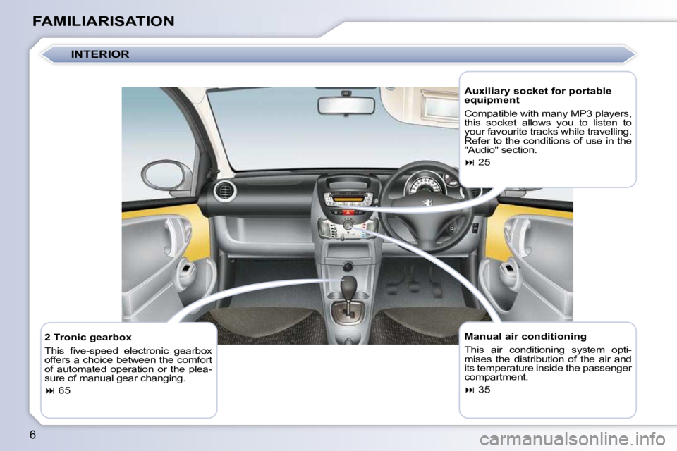 PEUGEOT 107 2010  Owners Manual 6
FAMILIARISATION  Manual air conditioning  
� �T�h�i�s�  �a�i�r�  �c�o�n�d�i�t�i�o�n�i�n�g�  �s�y�s�t�e�m�  �o�p�t�i�- 
mises  the  distribution  of  the  air  and 
its temperature inside the passeng