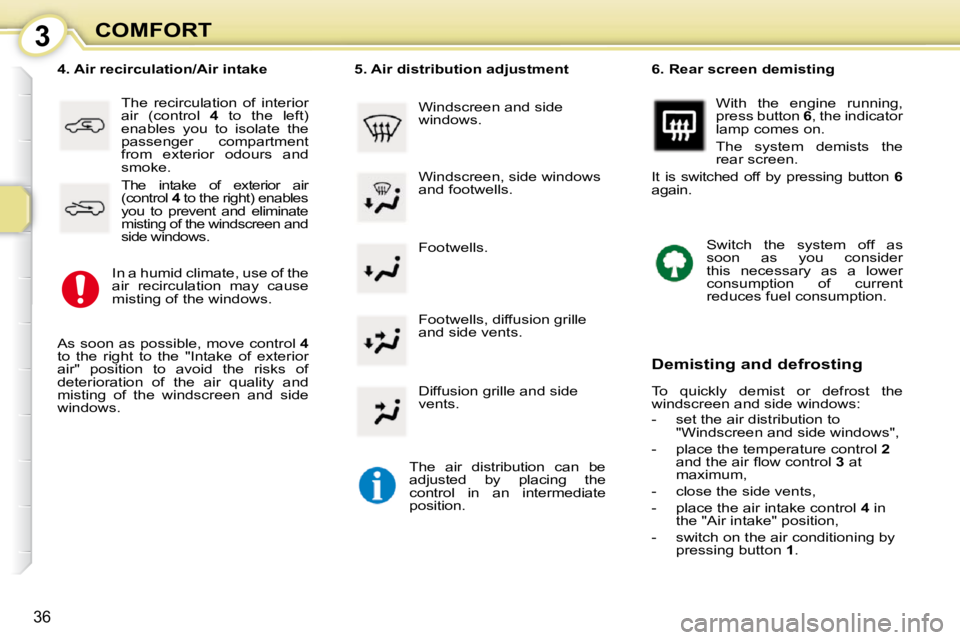 PEUGEOT 107 2010 Owners Guide 3
36
COMFORT Footwells. 
� � �4�.� �A�i�r� �r�e�c�i�r�c�u�l�a�t�i�o�n�/�A�i�r� �i�n�t�a�k�e� 
  The  recirculation  of  interior  
air  (control    4   to  the  left) 
enables  you  to  isolate  the 
