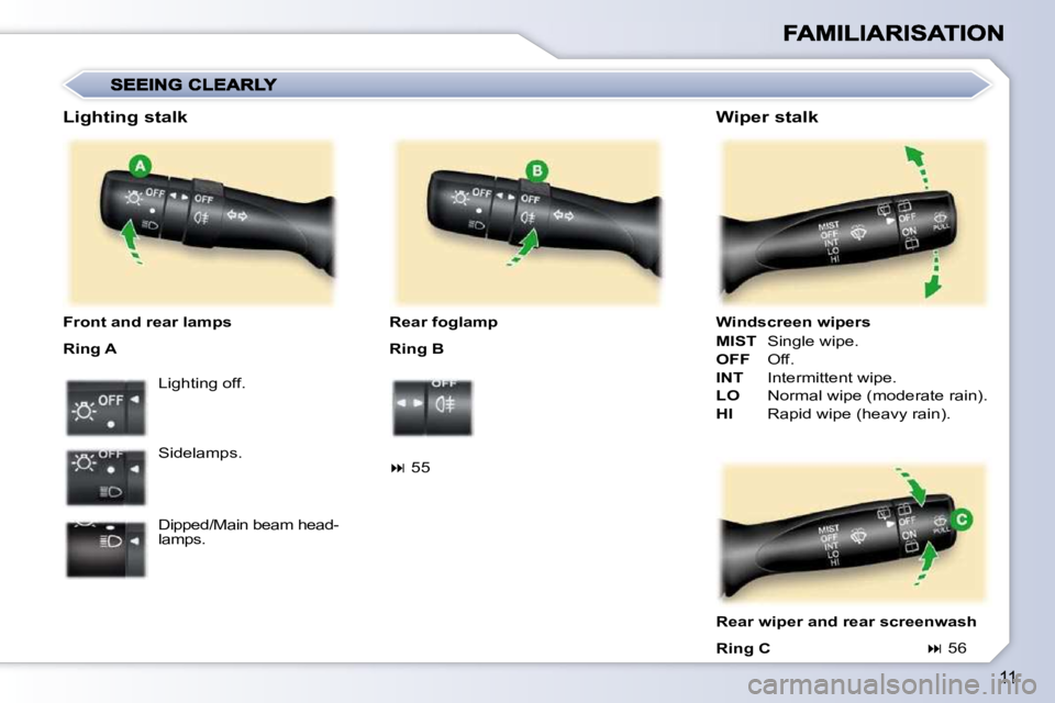 PEUGEOT 107 2010  Owners Manual 11
  Lighting stalk  
  Front and rear lamps  
 Ring A  Lighting off.  
 Sidelamps.  
� �D�i�p�p�e�d�/�M�a�i�n� �b�e�a�m� �h�e�a�d�- 
lamps.     Rear foglamp  
 Ring B  
   
�   55       Wiper stal