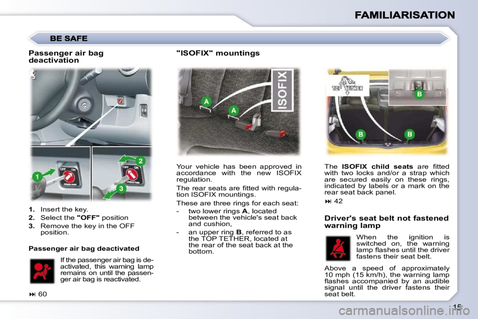 PEUGEOT 107 2009 User Guide 15
� �Y�o�u�r�  �v�e�h�i�c�l�e�  �h�a�s�  �b�e�e�n�  �a�p�p�r�o�v�e�d�  �i�n�  
�a�c�c�o�r�d�a�n�c�e�  �w�i�t�h�  �t�h�e�  �n�e�w�  �I�S�O�F�I�X� 
�r�e�g�u�l�a�t�i�o�n�.�  
� �T�h�e� �r�e�a�r� �s�e�a�