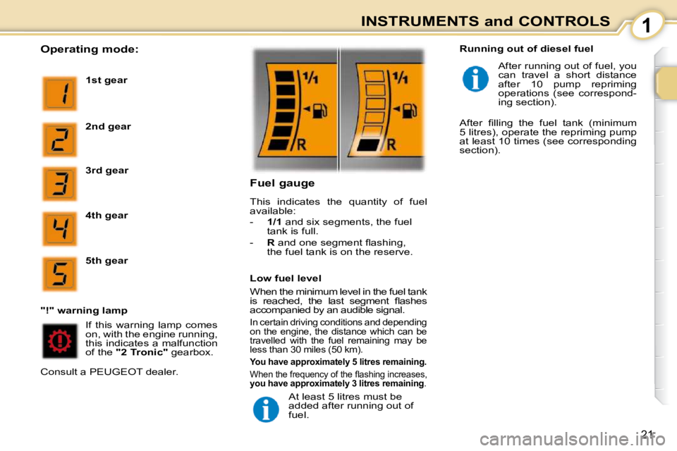 PEUGEOT 107 2009 User Guide 1
21
INSTRUMENTS and CONTROLS
  Operating mode: 
  
1st gear   
  
2nd gear   
  
3rd gear   
  
4th gear   
  
5th gear   
� �I�f�  �t�h�i�s�  �w�a�r�n�i�n�g�  �l�a�m�p�  �c�o�m�e�s�  
�o�n�,� �w�i�t