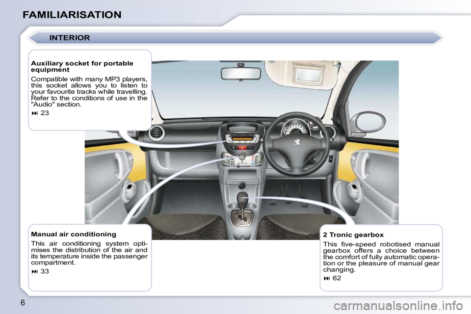 PEUGEOT 107 2009  Owners Manual 6
FAMILIARISATION  Manual air conditioning  
� �T�h�i�s�  �a�i�r�  �c�o�n�d�i�t�i�o�n�i�n�g�  �s�y�s�t�e�m�  �o�p�t�i�- 
�m�i�s�e�s�  �t�h�e�  �d�i�s�t�r�i�b�u�t�i�o�n�  �o�f�  �t�h�e�  �a�i�r�  �a�n�