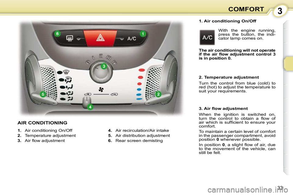 PEUGEOT 107 2009 Owners Guide 3
33
COMFORT
  1. Air conditioning On/Off  � �W�i�t�h�  �t�h�e�  �e�n�g�i�n�e�  �r�u�n�n�i�n�g�,�  
�p�r�e�s�s�  �t�h�e�  �b�u�t�t�o�n�,�  �t�h�e�  �i�n�d�i�-
�c�a�t�o�r� �l�a�m�p� �c�o�m�e�s� �o�n�.�