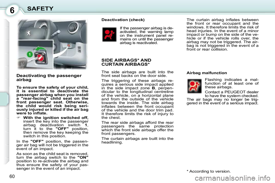 PEUGEOT 107 2009 Repair Manual 6
�6�0
SAFETY
  Deactivating the passenger  
airbag  
  
To ensure the safety of your child,  
it  is  essential  to    
deactivate   
  the 
passenger    
airbag   
 when you install 
a  "rear-facing