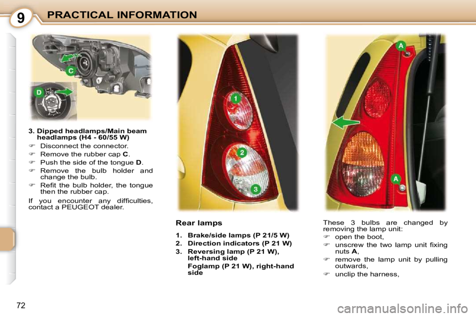 PEUGEOT 107 2009 Manual PDF 9
�7�2
PRACTICAL INFORMATION
  3.  Dipped headlamps/Main beam  headlamps (H4 - 60/55 W) 
   
� � �  �D�i�s�c�o�n�n�e�c�t� �t�h�e� �c�o�n�n�e�c�t�o�r�.� 
  
� � �  �R�e�m�o�v�e� �t�h�e� �r�u�b�b�