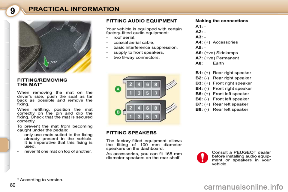 PEUGEOT 107 2009  Owners Manual 9
�8�0
PRACTICAL INFORMATION
 FITTING AUDIO EQUIPMENT 
� �Y�o�u�r� �v�e�h�i�c�l�e� �i�s� �e�q�u�i�p�p�e�d� �w�i�t�h� �c�e�r�t�a�i�n�  
�f�a�c�t�o�r�y�-�ﬁ� �t�t�e�d� �a�u�d�i�o� �e�q�u�i�p�m�e�n�t�:�