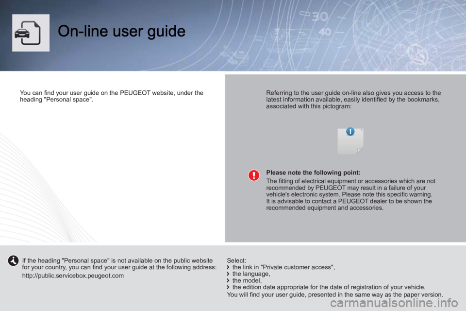 PEUGEOT 107 2012  Owners Manual    
You can ﬁ nd your user guide on the PEUGEOT website, under the 
heading "Personal space".  
 
    
Referring to the user guide on-line also gives you access to the 
latest information available,