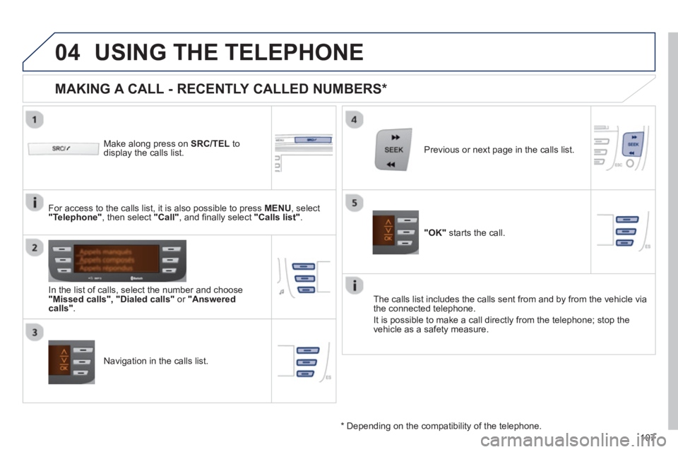 PEUGEOT 107 2012 Owners Manual
04
107
USING THE TELEPHONE
Make along press on SRC/TEL
to display the calls list.
In the list o
f calls, select the number and choose "Missed calls", "Dialed calls"or "Answered calls". PEUGEOT 107 2012 Owners Manual
04
107
USING THE TELEPHONE
Make along press on SRC/TEL
to display the calls list.
In the list o
f calls, select the number and choose "Missed calls", "Dialed calls"or "Answered calls".
