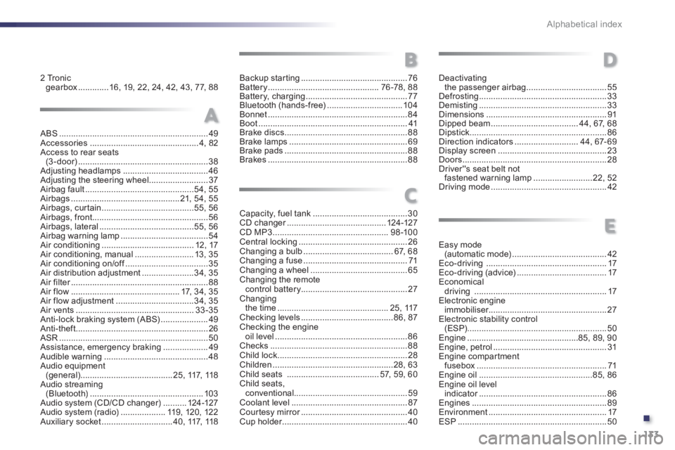 PEUGEOT 107 2012  Owners Manual .
133 Alphabetical index
2 Tronic gearbox .............16, 19, 22, 24, 42, 43,77,88Backup starting .............................................76Battery...............................................