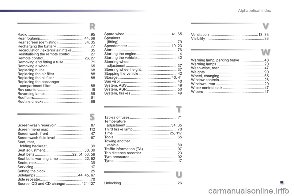 PEUGEOT 107 2012  Owners Manual .
135 Alphabetical index
Radio.............................................................95Rear foglamp...........................................44, 69Rear screen (demisting).......................