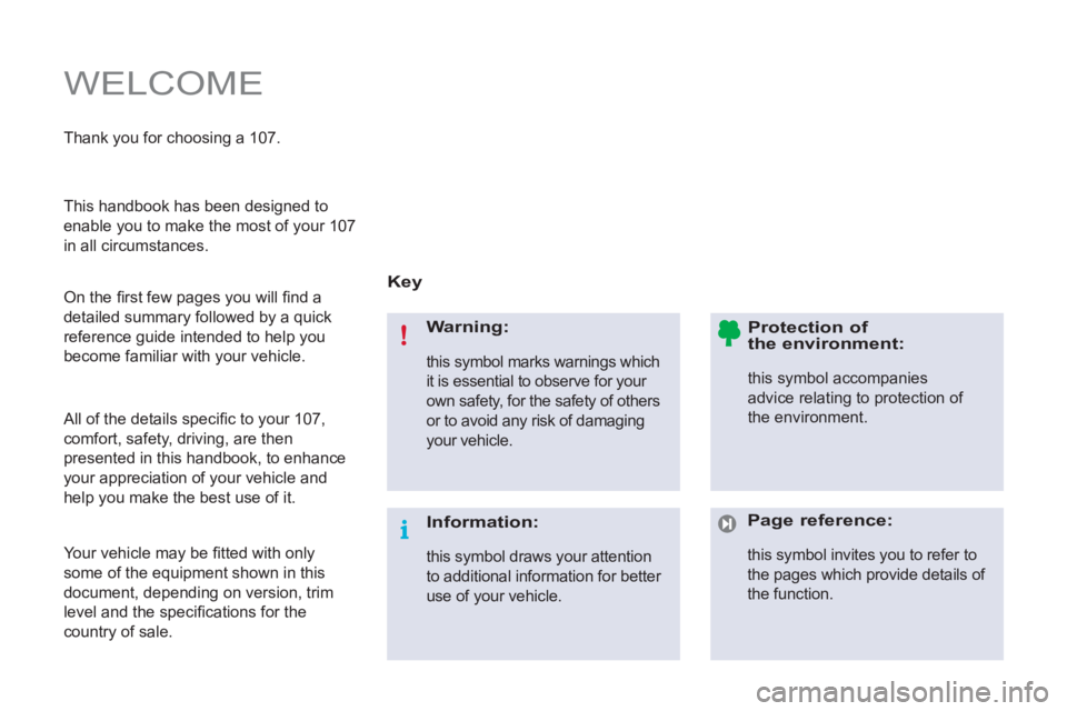 PEUGEOT 107 2012  Owners Manual   WELCOME 
 
 
Key  
   
Warning: 
 
this symbol marks warnings which 
it is essential to observe for your 
own safety, for the safety of others 
or to avoid any risk of damaging 
your vehicle.  
 
 

