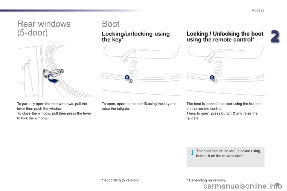 PEUGEOT 107 2012 Owners Guide 22
29 Access
   
 
 
 
 
Boot 
using the remote control *  
 
 
 
 
 
 
Rear windows 
(5 - door) 
*  
 According to version.     
The boot is locked/unlocked usin
g the buttonson the remote control. 
