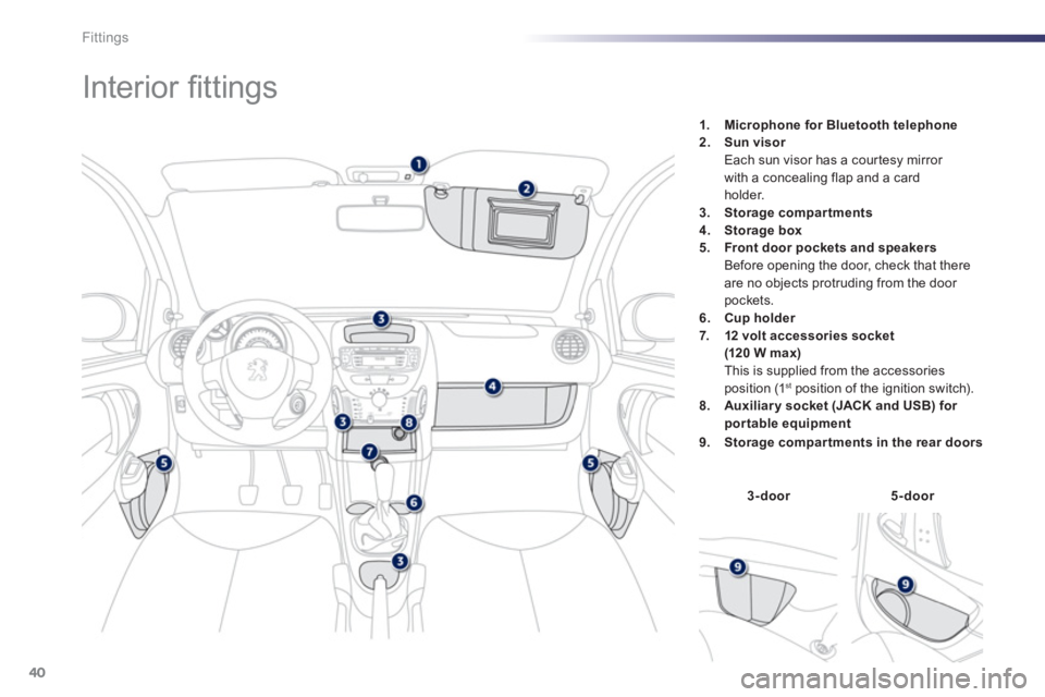 PEUGEOT 107 2012 Service Manual 40Fittings
Interior fi ttings
3-door5-door
1. Microphone for Bluetooth telephone2. Sun visor
Each sun visor has a cour tesy mirror
with a PEUGEOT 107 2012 Service Manual 40Fittings
Interior fi ttings
3-door5-door
1. Microphone for Bluetooth telephone2. Sun visor
Each sun visor has a cour tesy mirror
with a