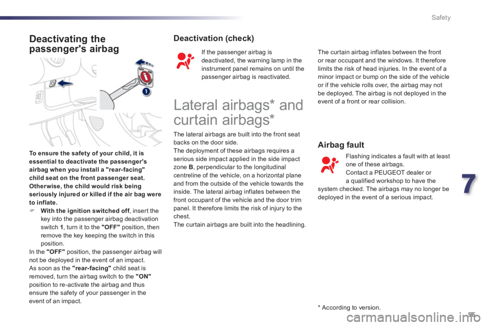 PEUGEOT 107 2012 Workshop Manual 7
55 Safety
To ensure the safety of your child, it is essential to deactivate the passengersairbag when you install a "rear-facing"child seat on the front passenger seat.
Other wise, the child would PEUGEOT 107 2012 Workshop Manual 7
55 Safety
To ensure the safety of your child, it is essential to deactivate the passengersairbag when you install a "rear-facing"child seat on the front passenger seat.
Other wise, the child would