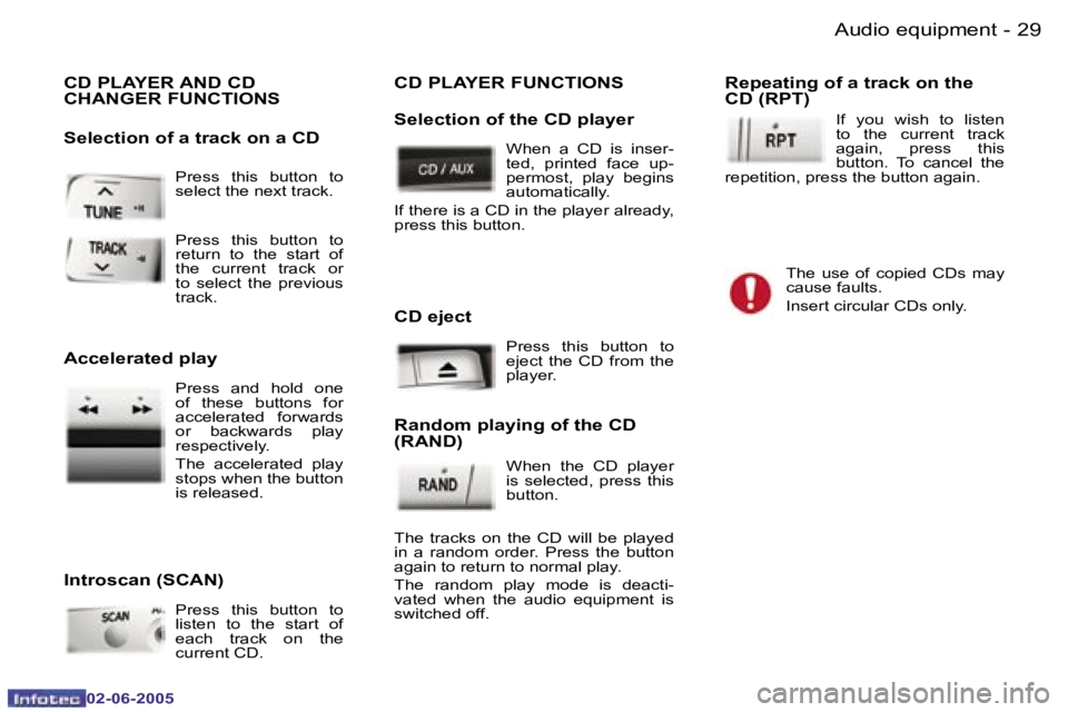 PEUGEOT 107 2005 Owners Manual �A�u�d�i�o� �e�q�u�i�p�m�e�n�t�2�8 �-
�0�2�-�0�6�-�2�0�0�5
�2�9�A�u�d�i�o� �e�q�u�i�p�m�e�n�t�-
�0�2�-�0�6�-�2�0�0�5
�P�r�e�s�s�  �t�h�i�s�  �b�u�t�t�o�n�  �t�o�  
�s�e�l�e�c�t� �t�h�e� �n�e�x�t� �t�r
