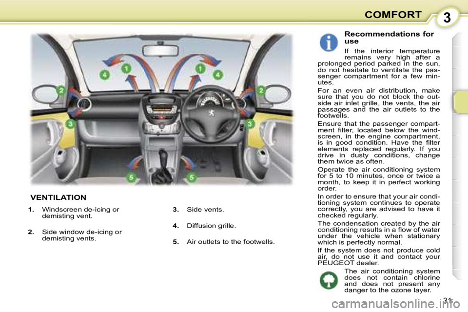 PEUGEOT 107 2006 Owners Guide �3�C�O�M�F�O�R�T
�3�1
� �V�E�N�T�I�L�A�T�I�O�N
�R�e�c�o�m�m�e�n�d�a�t�i�o�n�s� �f�o�r�  
�u�s�e
�I�f�  �t�h�e�  �i�n�t�e�r�i�o�r�  �t�e�m�p�e�r�a�t�u�r�e�  
�r�e�m�a�i�n�s�  �v�e�r�y�  �h�i�g�h�  �a�f