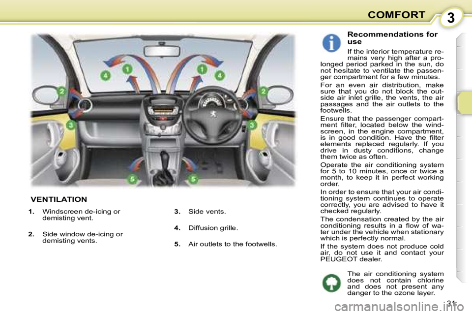 PEUGEOT 107 2007 Owners Guide �3�C�O�M�F�O�R�T
�3�1
� �V�E�N�T�I�L�A�T�I�O�N
�R�e�c�o�m�m�e�n�d�a�t�i�o�n�s� �f�o�r�  
�u�s�e
�I�f� �t�h�e� �i�n�t�e�r�i�o�r� �t�e�m�p�e�r�a�t�u�r�e� �r�e�- 
�m�a�i�n�s�  �v�e�r�y�  �h�i�g�h�  �a�f�