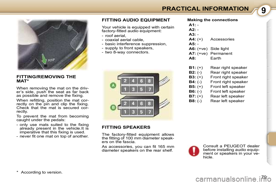 PEUGEOT 107 2007 Manual Online �9�P�R�A�C�T�I�C�A�L� �I�N�F�O�R�M�A�T�I�O�N
�7�9
�F�I�T�T�I�N�G� �A�U�D�I�O� �E�Q�U�I�P�M�E�N�T
�Y�o�u�r� �v�e�h�i�c�l�e� �i�s� �e�q�u�i�p�p�e�d� �w�i�t�h� �c�e�r�t�a�i�n�  
�f�a�c�t�o�r�y�-�ﬁ�t�t�