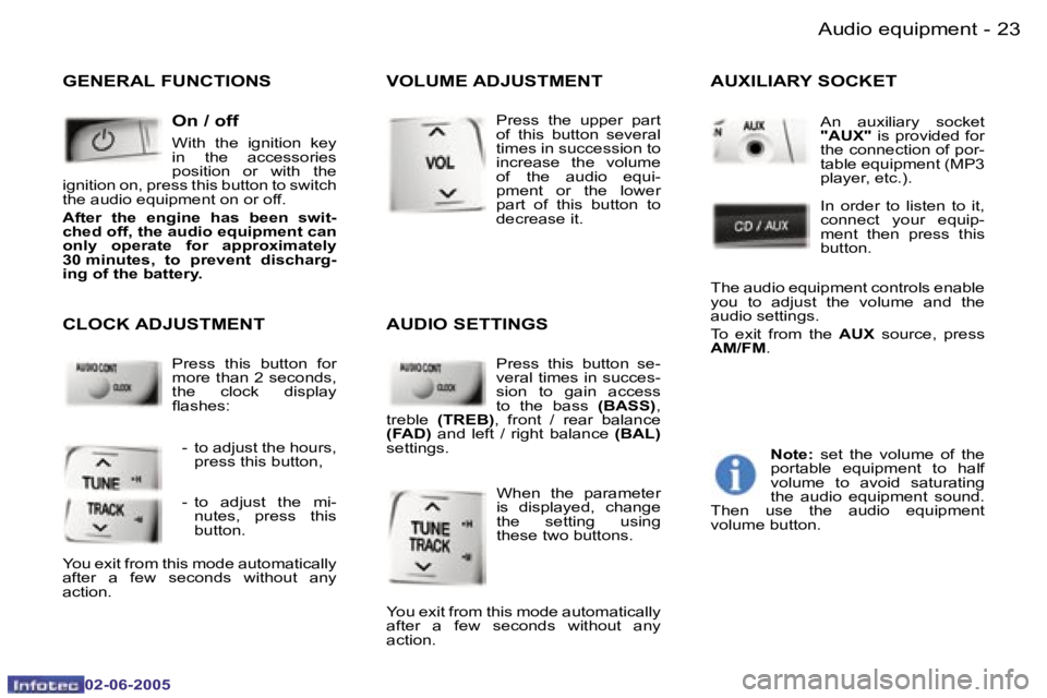 PEUGEOT 107 DAG 2005 Owners Manual �A�u�d�i�o� �e�q�u�i�p�m�e�n�t�2�2 �-
�0�2�-�0�6�-�2�0�0�5
�2�3�A�u�d�i�o� �e�q�u�i�p�m�e�n�t�-
�0�2�-�0�6�-�2�0�0�5
�G�E�N�E�R�A�L� �F�U�N�C�T�I�O�N�S�O�n� �/� �o�f�f
�W�i�t�h�  �t�h�e�  �i�g�n�i�t�i